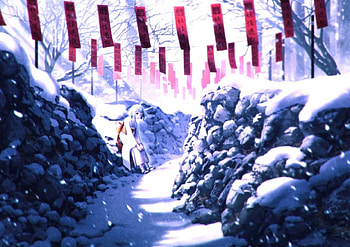 Winter, kimono, cute, flags, beauty, snowflakes, snow, fence, lovelt, sweet, art, girl, beautiful, Japan, anime, pretty, red, stone, lovely HD wallpaper