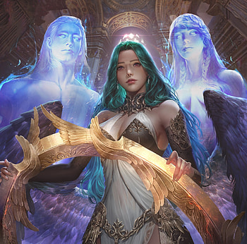 Swanchild, golden, blue, art, fantasy, gurl, luminos, girl, wan1 HD wallpaper