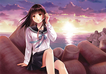 By the Seaside, uniform, cute, school uniform, long hair, sunrise, scenery, scenic, water, ocean, cloud, female, sunset, sexy, skirt, sea, scene, hot, girl, rock, anime girl, anime, brown hair, view, sky HD wallpaper