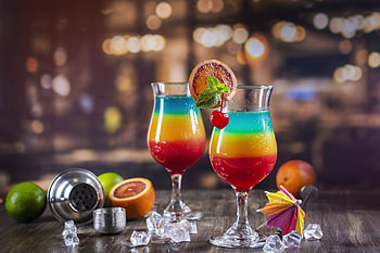 Glass of rainbow cocktails, Orange, Ice, Umbrella, Fruits, Glasses HD wallpaper