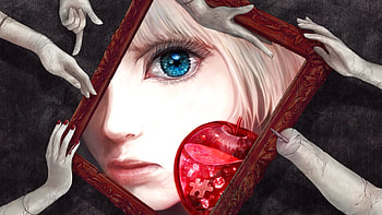 Mirror, blue, anime, red, girl, manga, eye, hand HD wallpaper