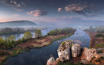 Vistula River, Poland, clouds, mist, river, rock, Poland HD wallpaper