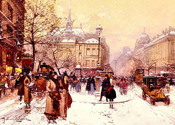 La Place Saint Michel , winter, cars, scenery, autos, painting, snow, Eugene Galien LaLoue, architecture, art, cityscape, beautiful, people, Galien LaLoue, artwork, oldmaster, wide screen, Saint Michel, old master HD wallpaper