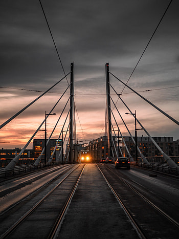 Railroad, sunset, train, bridge HD phone wallpaper