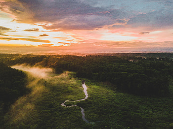Sunset, river, landscape, aerial view HD wallpaper