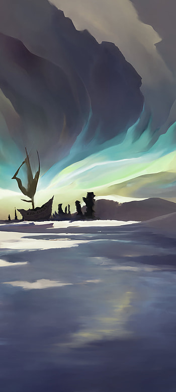 Digital painting of an aurora borealis above a shipwreck in a frozen land, colorful landscape, cloud, artistic, landscape HD phone wallpaper