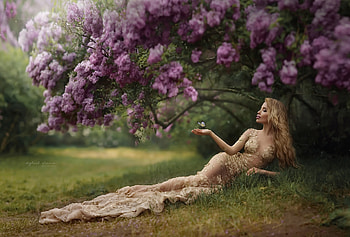 Girl with butterfly, model, girl, spring, dress, hand, woman, pink, butterfly, flower, dzhul irina, lilac HD wallpaper