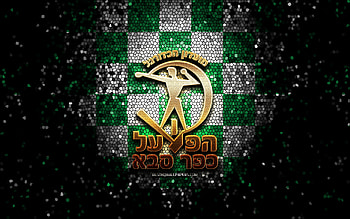 Hapoel Kfar Saba FC, glitter logo, Ligat ha Al, green white checkered background, soccer, Israeli football club, Hapoel Kfar Saba logo, mosaic art, football, Hapoel Kfar Saba, Israel HD wallpaper