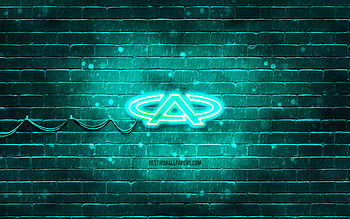 Chery turquoise logo, , turquoise brickwall, Chery logo, cars brands, Chery neon logo, Chery HD wallpaper