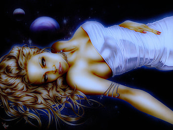 Jennifer Janesko's 'Galaxy', blue, sexy, white, black, planets, galaxy, blonde, eyes, janesko, straps, beautiful, stars, dress, moon, lips, jennifer HD wallpaper
