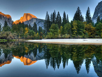 golden mountain, river, water, tree, mountain HD wallpaper