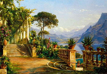 Lodge on Lake Como, veranda, italy, mountains, artwork, painting, trees HD wallpaper