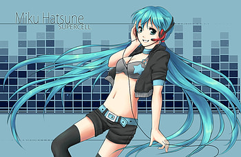 Hatsune Miku Supercell, blue, hatsune miku, twintail, cute, headset, beautiful, vocaloid, supercell, bars, star, miku, vocaloids, anime, pretty, hatsune, micro HD wallpaper