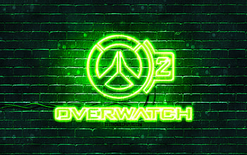 Overwatch 2 green logo, , green brickwall, Overwatch 2 logo, games brands, Overwatch 2 neon logo, Overwatch 2 HD wallpaper