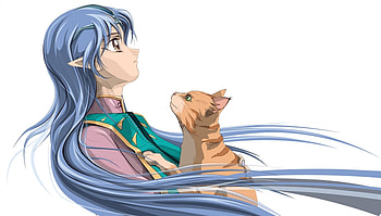 Lafial with Her Cat, Anime Girl, Blue Hair, Pointed Ears, Green Eyes, Anime, Lafial, Crest of The Stars, Cat, Long Hair, Big Eyes, Brown Eyes HD wallpaper