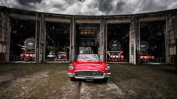 1957 T-Bird and Steamers, Car, red, steamers, engines, vintage HD wallpaper