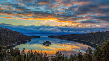 May Sunrise at Emerald Bay, Lake Tahoe, landscape, trees, colors, clouds, sky, usa HD wallpaper
