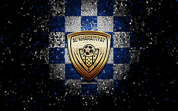 Al Kharitiyath SC, glitter logo, QSL, blue white checkered background, soccer, qatari football club, Al Kharitiyath SC logo, mosaic art, Al-Kharitiyath, football, Al Kharitiyath FC HD wallpaper