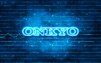 Onkyo blue logo, , blue brickwall, Onkyo logo, brands, Onkyo neon logo, Onkyo HD wallpaper