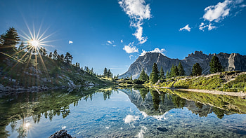 Lago di Limides, South Tyrol, Italy, reflections, dolomites, landscape, clouds, sky, alps, water HD wallpaper
