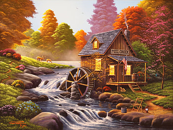 Mill Creek, artwork, creek, painting, autumn, trees, watermill, rocks HD wallpaper