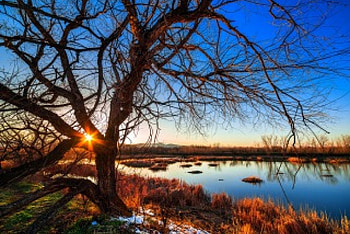 Lake Sunset, hills, beautiful, grass, dusk, lake, blue sky, trees, autumn, sunset HD wallpaper