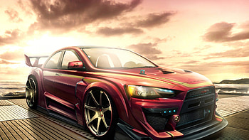 mitsubishi lancer evolution r, sea, r, sunlight, car HD wallpaper