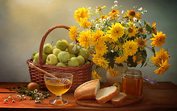 Pear Still Life, still life, honey, flowers, pears, bread HD wallpaper