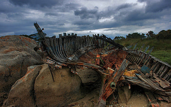 Nature, Stones, Boat, Mainly Cloudy, Overcast, Frame, Remains HD wallpaper