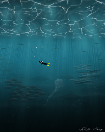 Art, Sea, Underwater World, Diver, Depth, Diving HD phone wallpaper