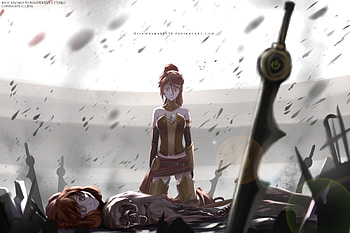 Dishwasher1910 gray eyes penny polendina pyrrha nikos red hair robot rwby short hair sword watermark weapon | | 877072 | UP HD wallpaper