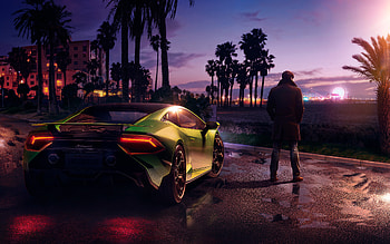 Lamborghini Under Palm Twilight California Nights, lamborghini-huracan, lamborghini, cars, artwork, art, digital-art HD wallpaper