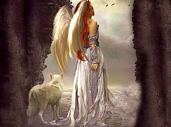 Angel of Beauty, sea, red hair, cavern, wolf, Angel, Light, fantasy, pretty, Wings, water HD wallpaper