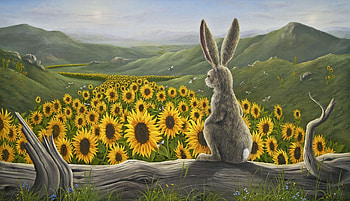 Sunflower field, painting, art, pictura, yellow, rabbit, sunflower, robert bissell, summer, bunny, vara HD wallpaper