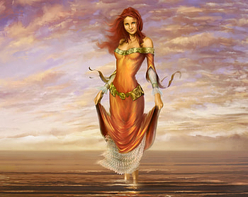 Fantasy, Women, Cloud, Dress, Face, Long Hair, Red Hair, Sky HD wallpaper