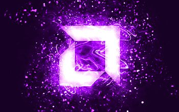 AMD violet logo, , violet neon lights, creative, violet abstract background, AMD logo, brands, AMD HD wallpaper