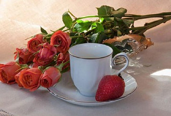 roses, strawberrie & teacup, still life, teacup, red roses, strawberrie, flowers HD wallpaper
