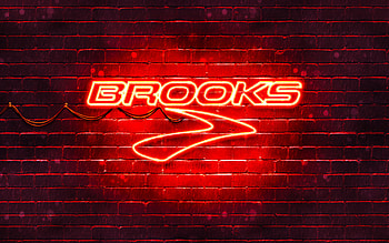Brooks Sports red logo, , red brickwall, Brooks Sports logo, brands, Brooks Sports neon logo, Brooks Sports HD wallpaper