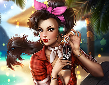 Cruiser D Va, beach, cruiser, pinup, d va, bow, sea, art, ayyasap, girl, hand, bottle, summer, pink, overwatch, red, luminos, drink HD wallpaper