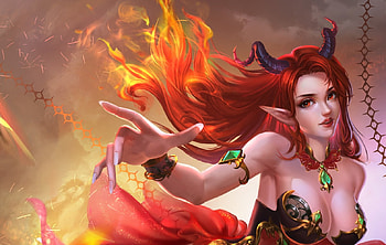 Demoness, frumusete, horns, girl, hand, demon, yueran li, fantasy, redhead, luminos, fire HD wallpaper