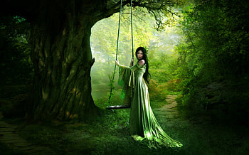 Secret place, elena dudina, art, swing, girl, tree, woman, fantasy, green HD wallpaper