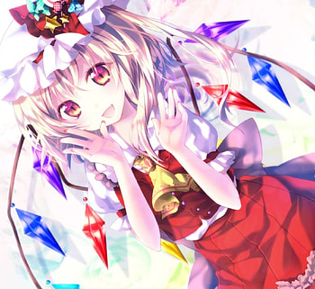 Flandre, blue, colors, dress, beauty, candies, sort hair, hat, wings, sweet, white, girl, beautiful, purple, anime, pretty, red, touhou, lovely HD wallpaper