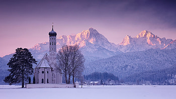 Bavarian Alps, Schwangau, Church Saint Coloman, winter, morning, snow, germany, landscape, trees, mountains, sunrise HD wallpaper