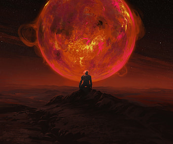 Red glowing planet, astronaut HD wallpaper