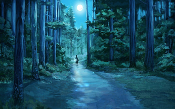 trees dark night artistic forest moon path anime flashlight HD wallpaper
