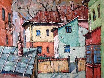 David Croitor. Jewish old houses in Vatra Dornei, painting, art, david croito, houses, village HD wallpaper