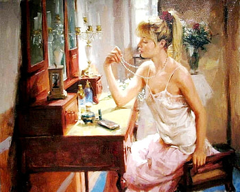 Woman with pearls, room, paintings, beautiful, mirrors, woman, necklaces, young, pearls, look, home HD wallpaper