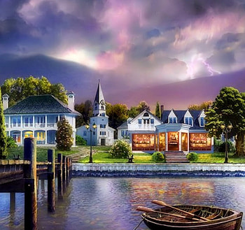 Stormy Village, Painting, Boat, Village, Storm HD wallpaper