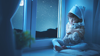 Good night, Teddy!, night, blue, toy, window, copil, teddy bear, moon, boy, luna, child HD wallpaper