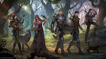 Party, fantasy, man, girl, maerel hibadita, elf, armor, dog, knight, wolf, instrument HD wallpaper